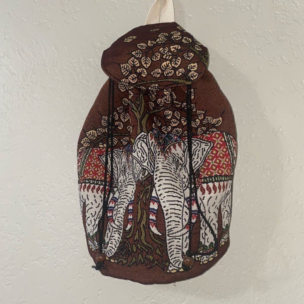 Embroidered Elephant and Tree Cotton Drawstring Backpack, "Elephant Tree" - Picture 11 of 13